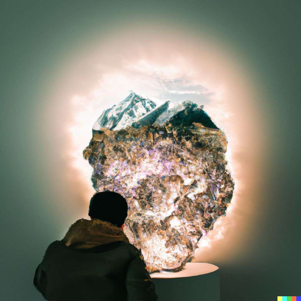someone gazing at Mount Everest made out of a sparkling geode